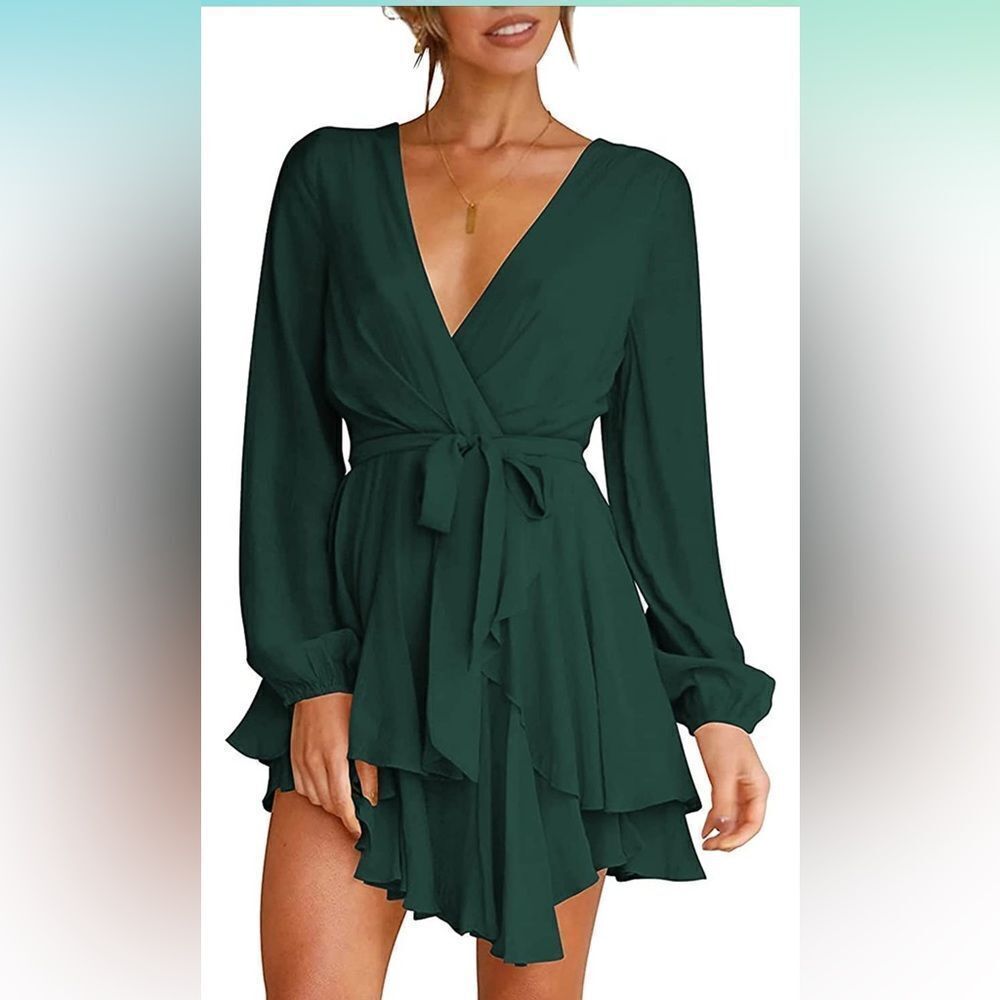 NEW Dress Deep V-Neck Long Sleeve Waist Tie Ruffle Mini Swing Green Medium